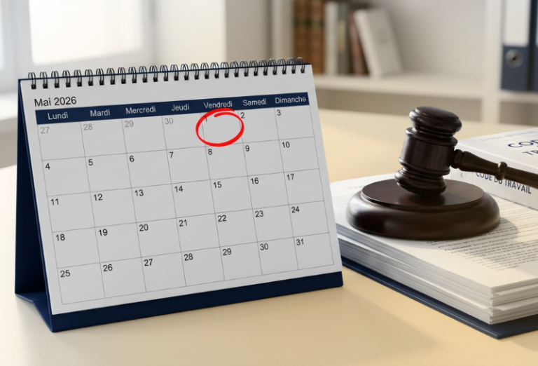 Le 1er mai 2026 est mis en évidence sur ce calendrier, correspondant à la Fête du Travail, un jour férié en France. Jours fériés démêler le vrai du faux juridique