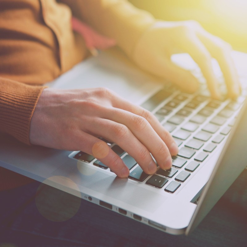 46573766 - hands with laptop typing in sunlight